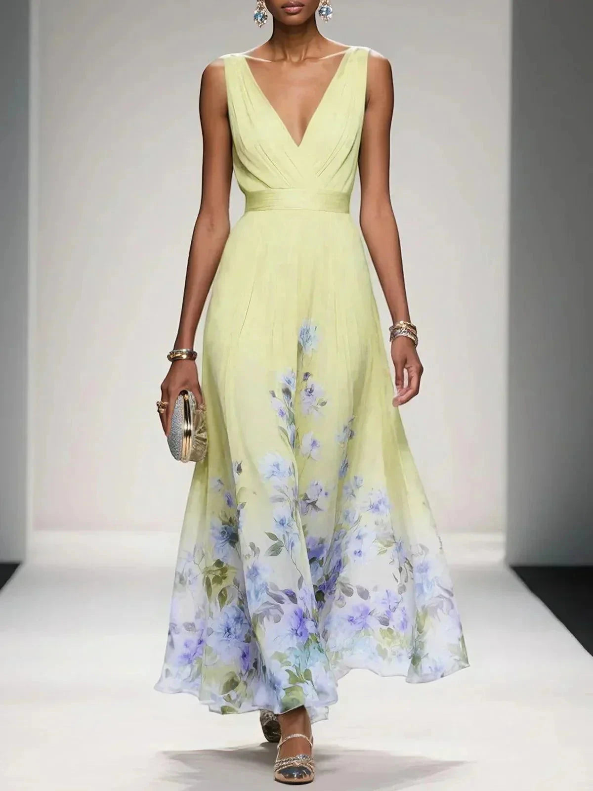 Women's Floral Elegant Maxi Wedding Guest Dress with V-Neck