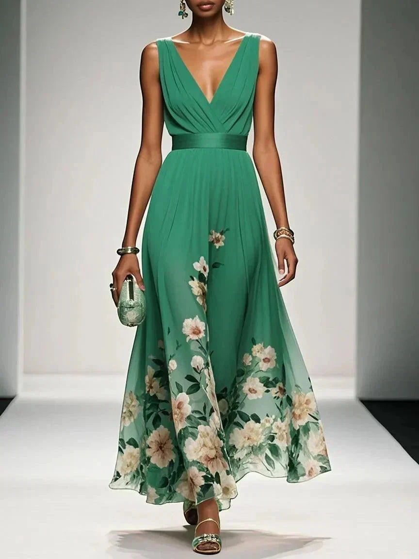 Women's Floral Elegant Maxi Wedding Guest Dress with V-Neck