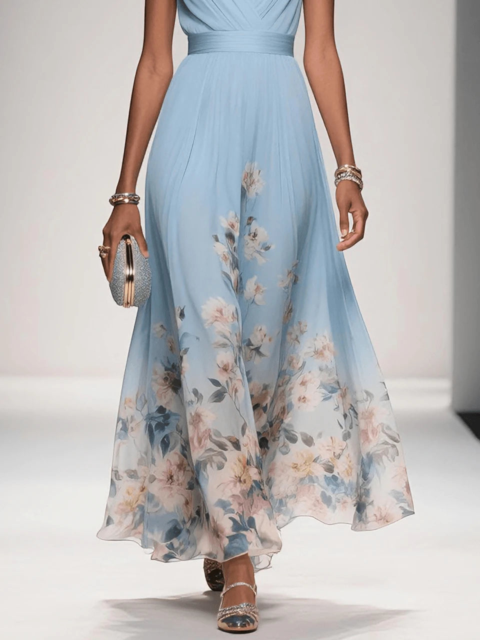 Women's Floral Elegant Maxi Wedding Guest Dress with V-Neck
