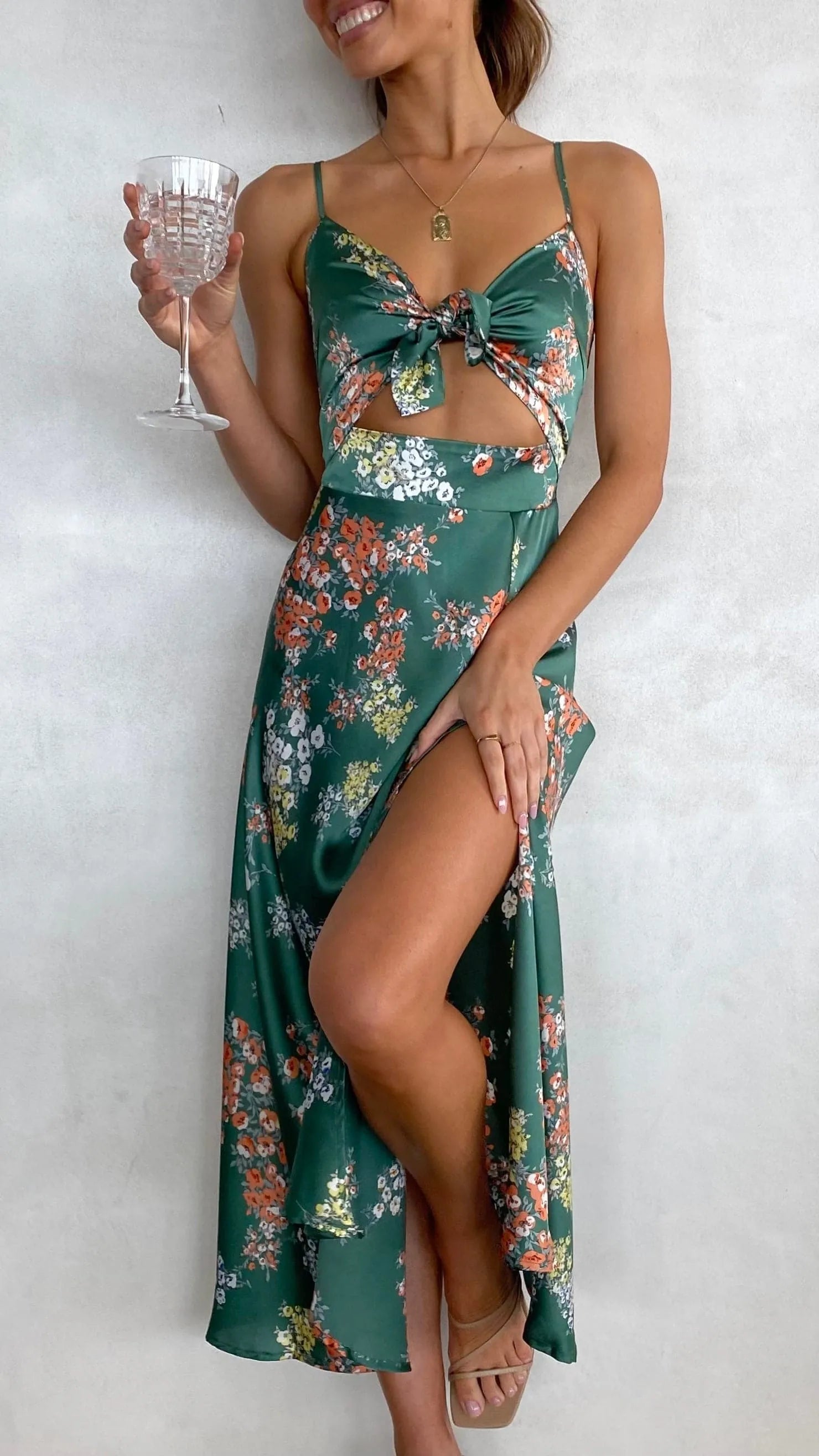 Women's Floral Elegant Midi Summer Dress with Slit