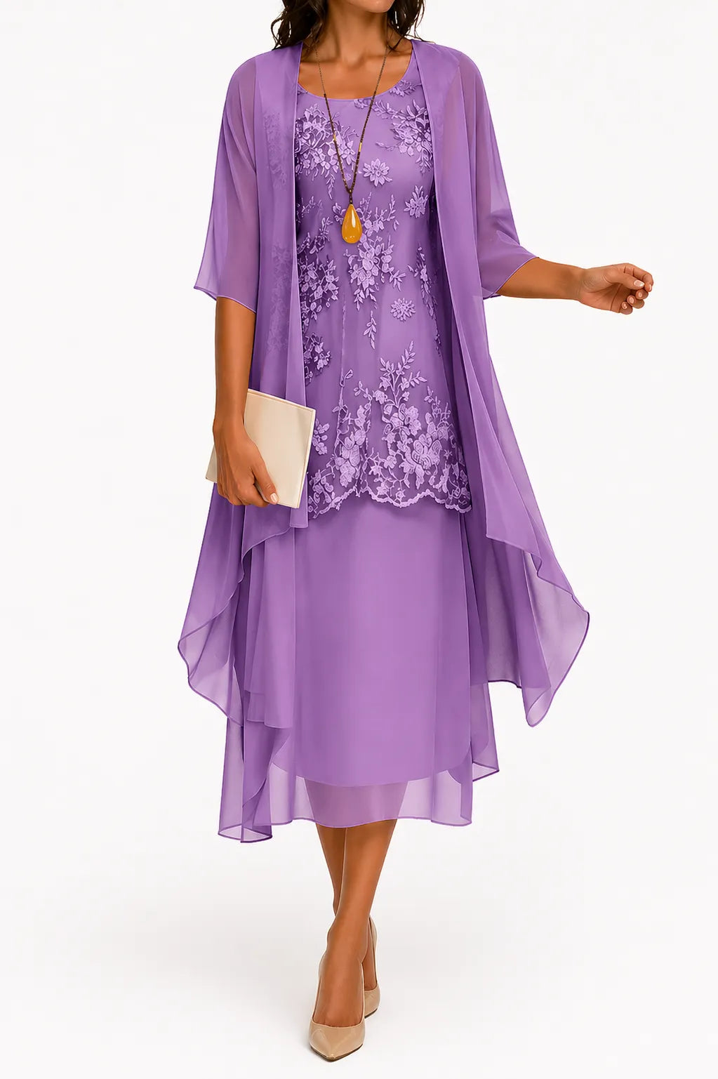 Women's Floral Lace Midi Summer Dress with 3/4 Sleeve