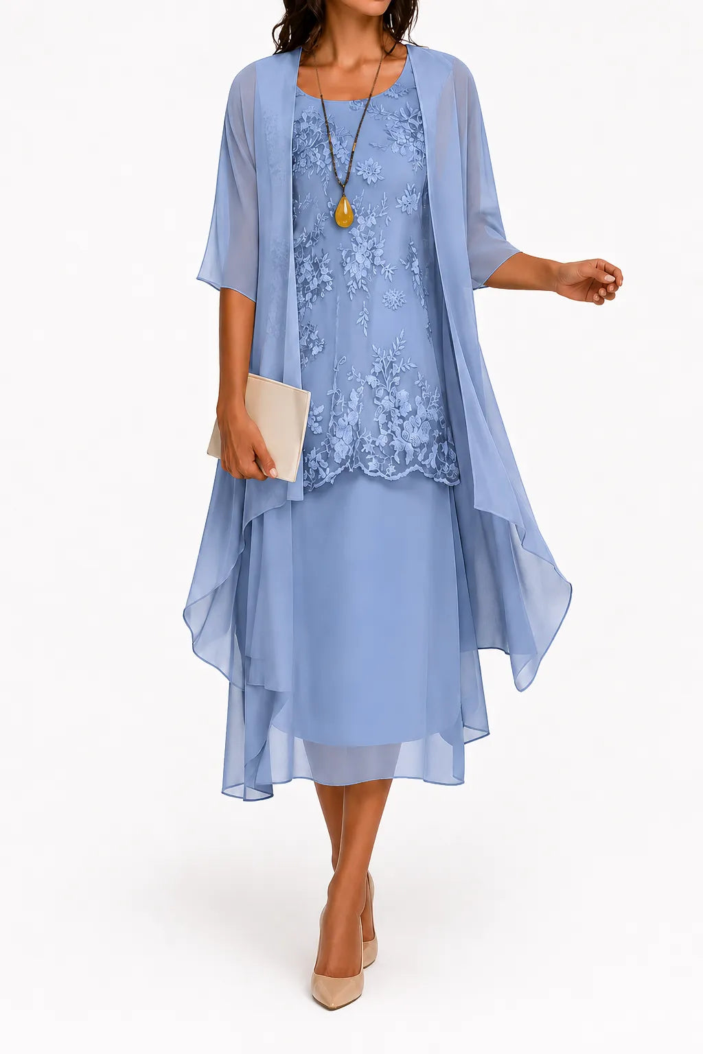Women's Floral Lace Midi Summer Dress with 3/4 Sleeve