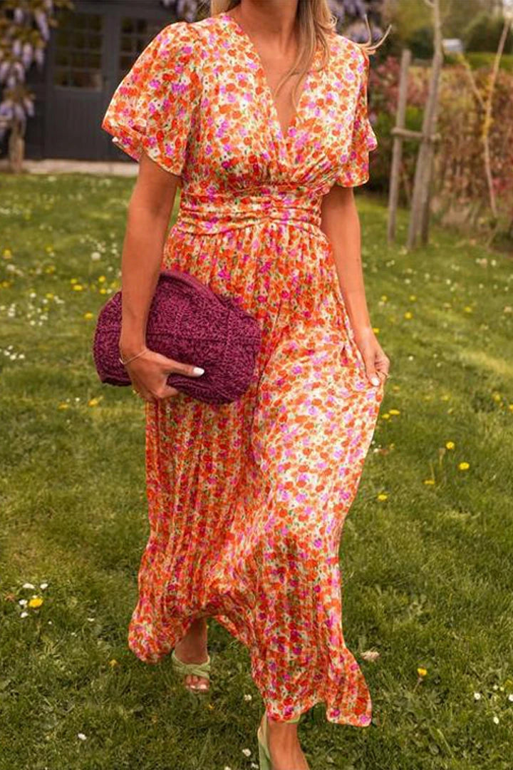 Women's Floral Maxi Summer Dress with Pleated Details
