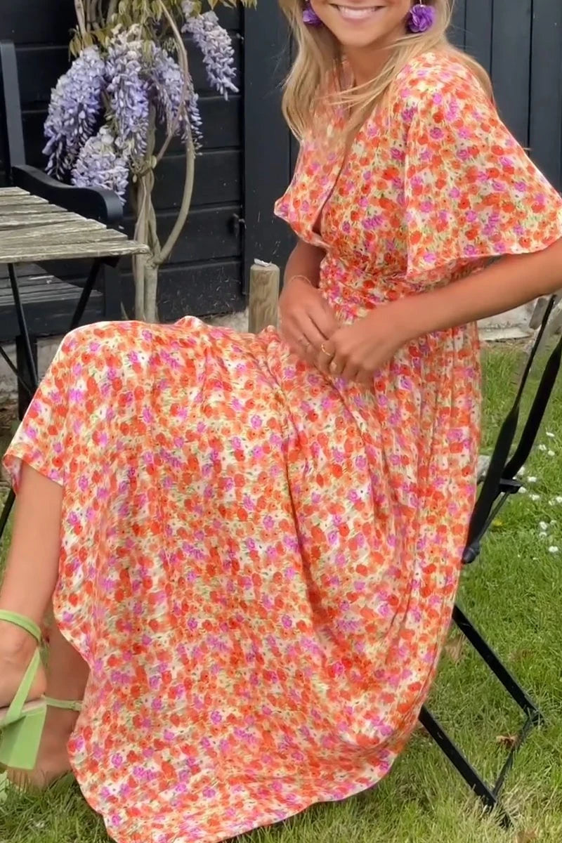 Women's Floral Maxi Summer Dress with Pleated Details