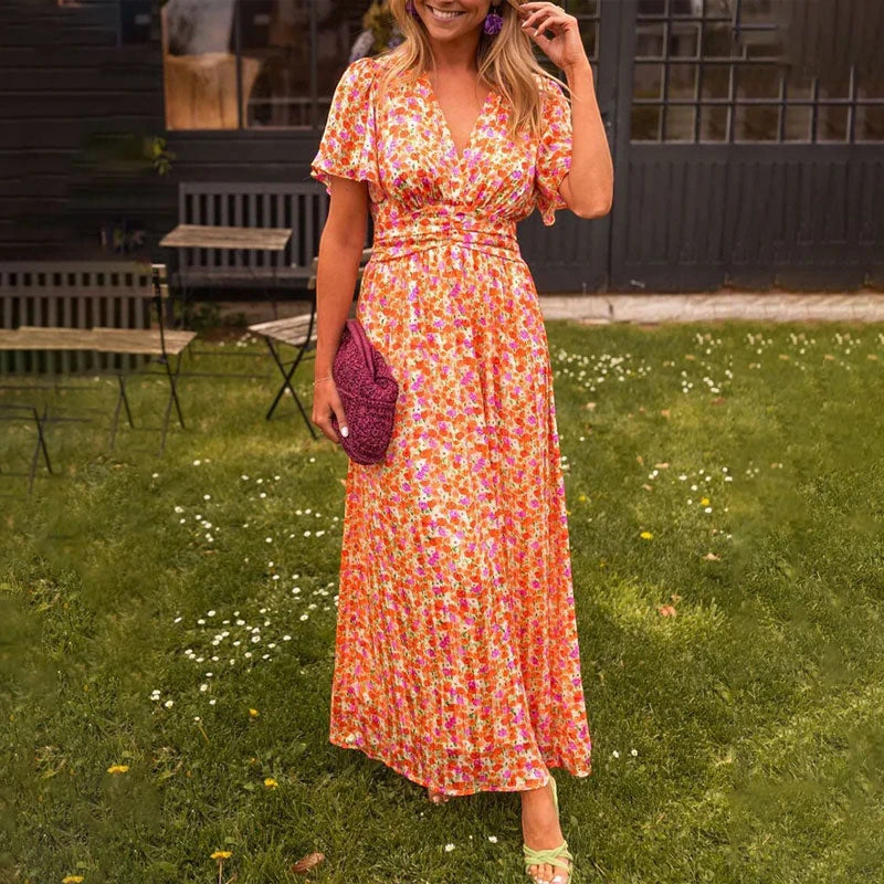 Women's Floral Maxi Summer Dress with Pleated Details