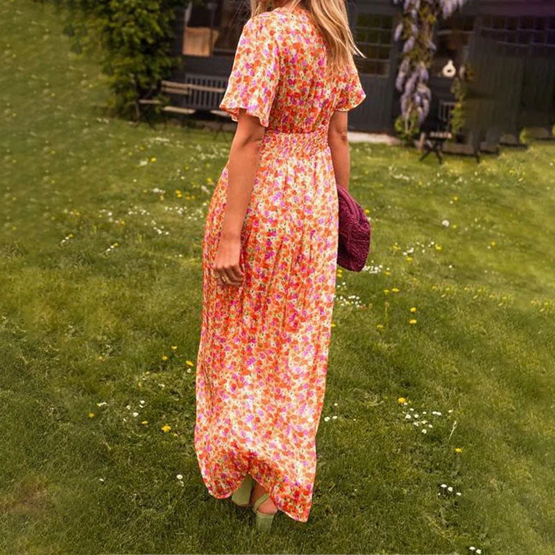 Women's Floral Maxi Summer Dress with Pleated Details