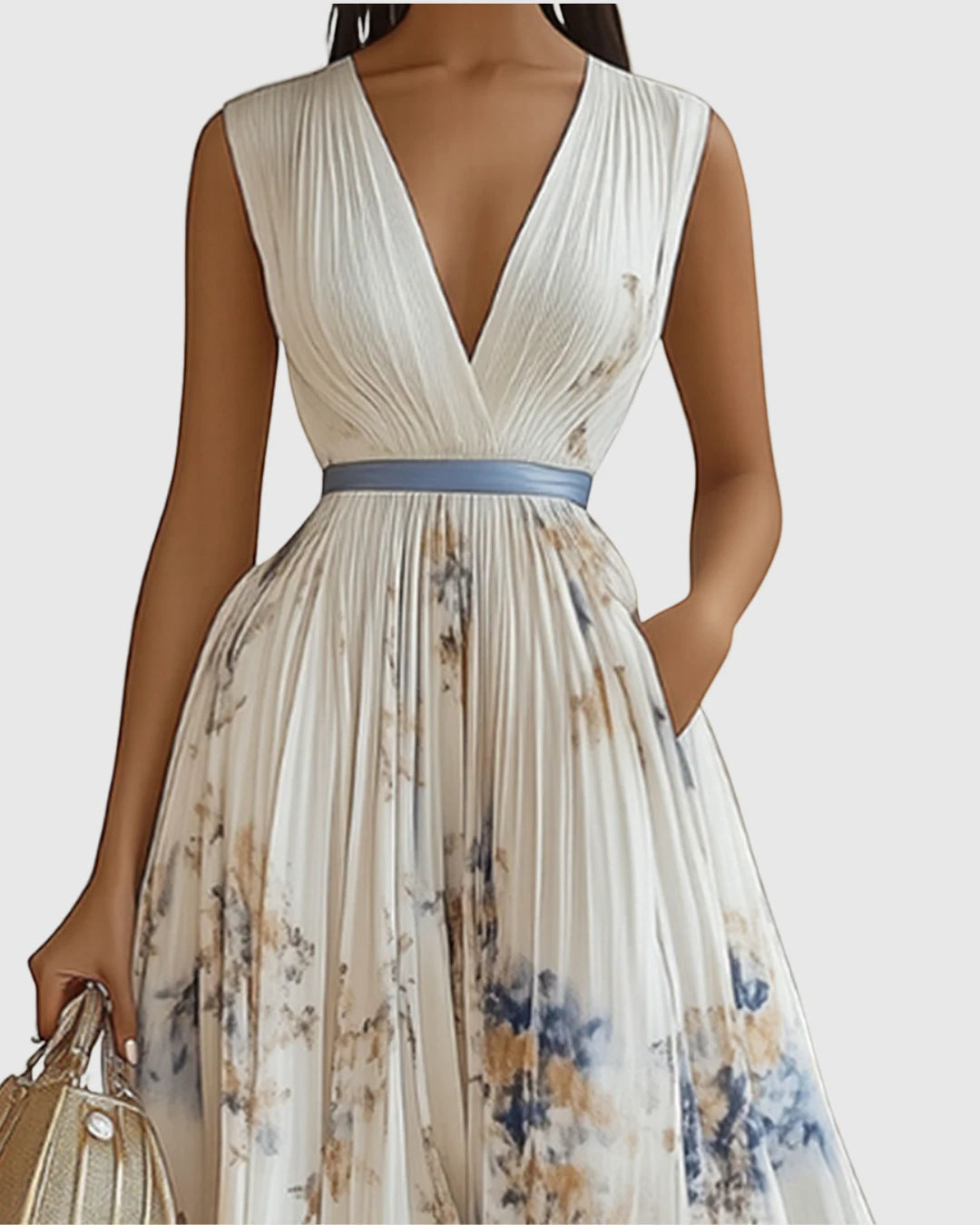 Women's Floral Maxi Wedding Guest Dress with Pleated Skirt