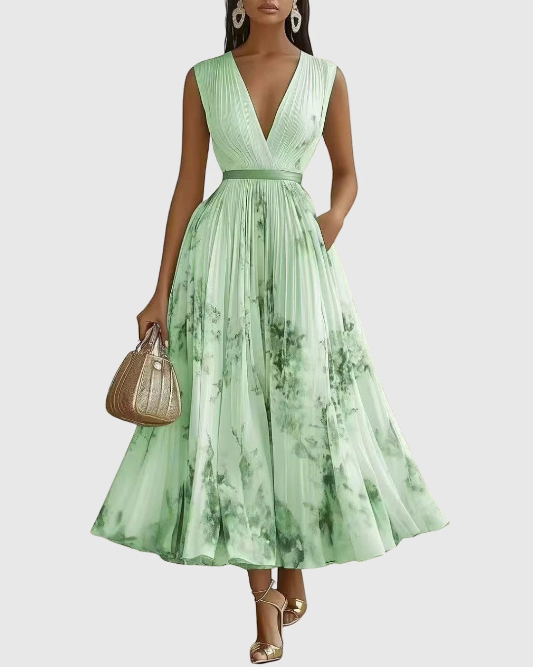 Women's Floral Maxi Wedding Guest Dress with Pleated Skirt