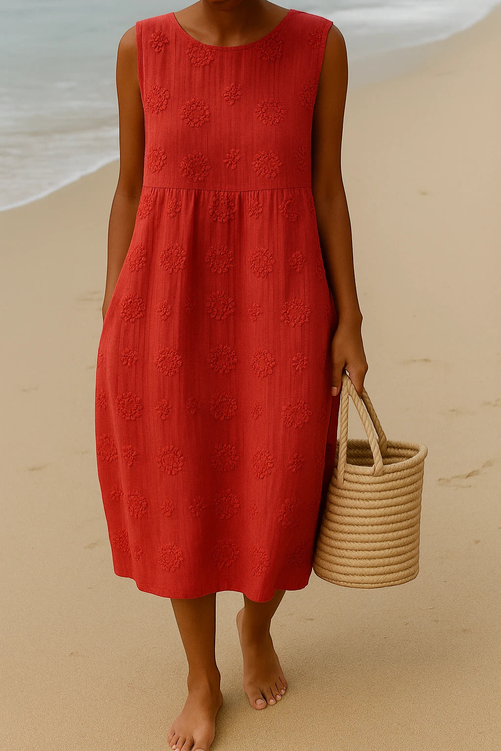 Women's Floral Midi Summer Dress with Embroidered Feature