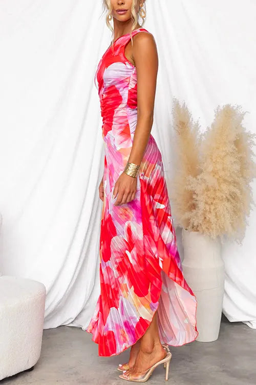 Women's Floral Pleated Maxi Summer Dress with One Shoulder