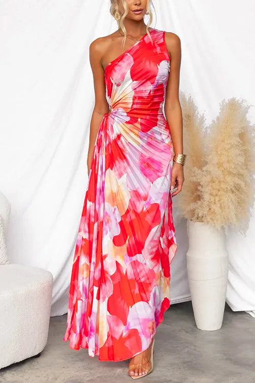 Women's Floral Pleated Maxi Summer Dress with One Shoulder