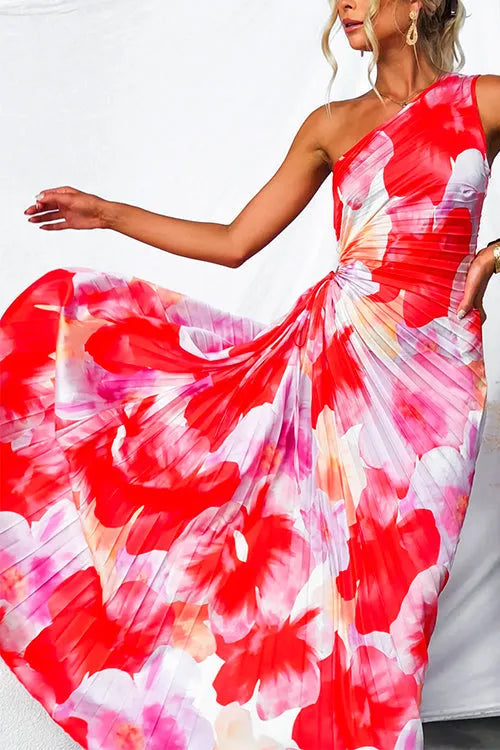 Women's Floral Pleated Maxi Summer Dress with One Shoulder