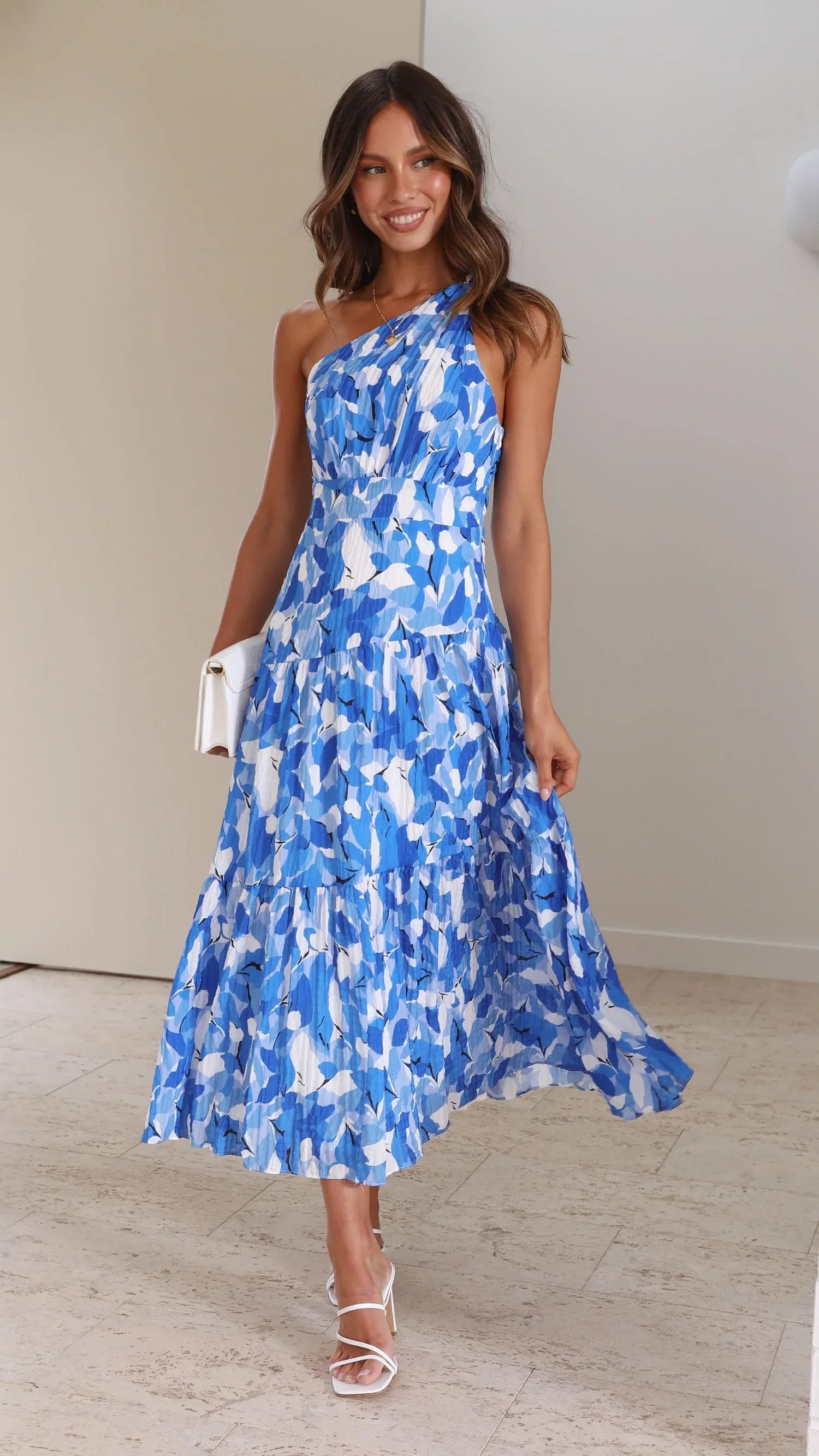 Women's Floral Printed Midi Summer Dress with One Shoulder