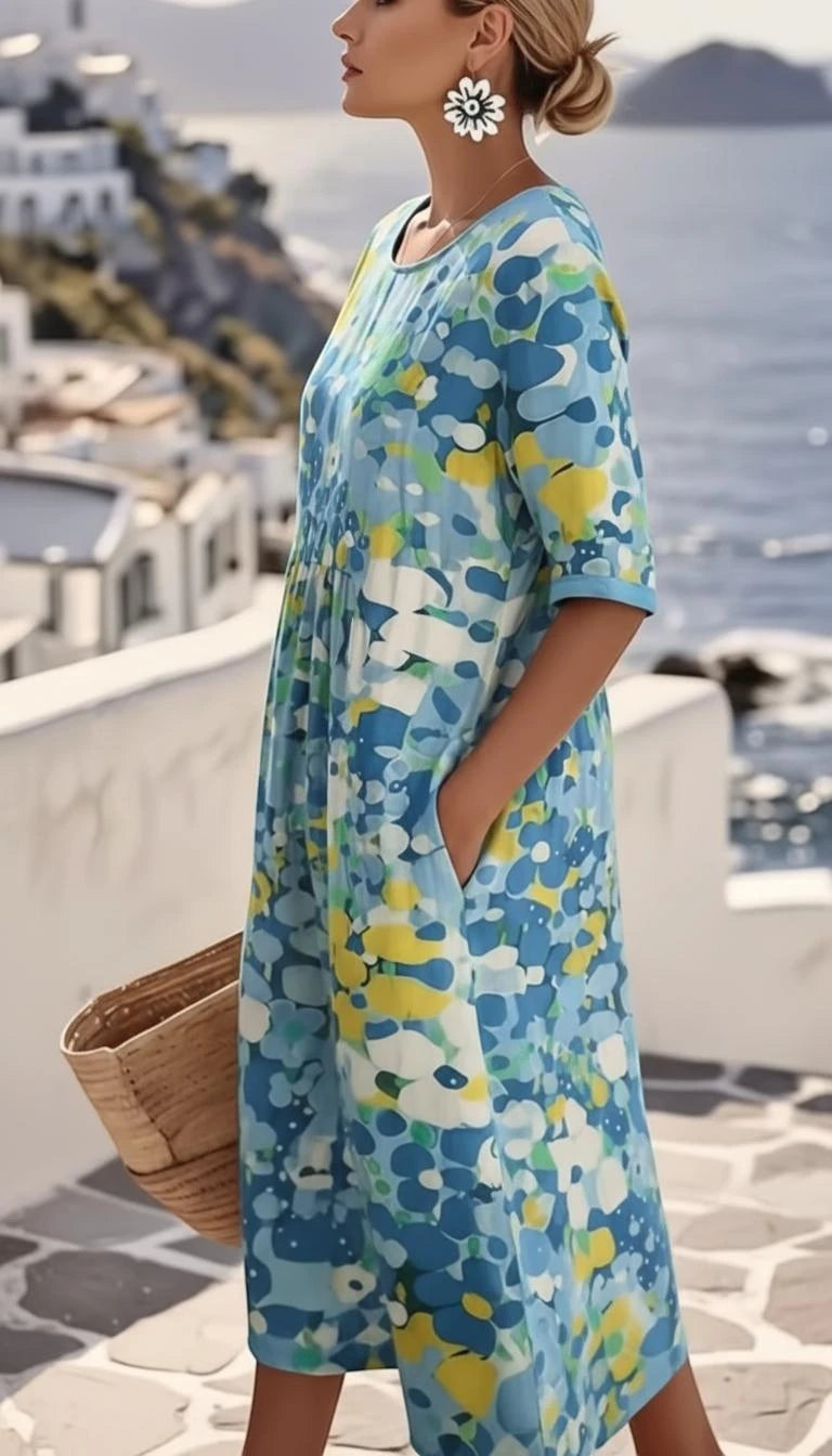 Women's Floral Printed Midi Summer Dress with Short Sleeve