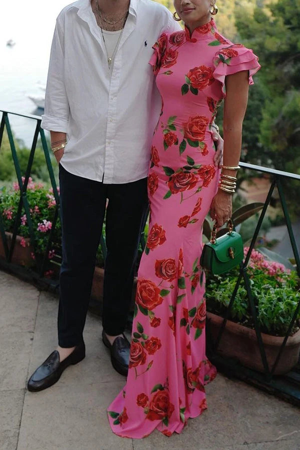 Women's Floral Ruffle Maxi Summer Dress with High Neck