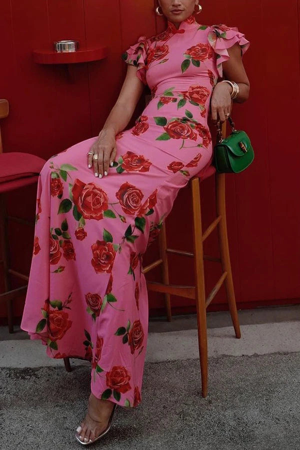 Women's Floral Ruffle Maxi Summer Dress with High Neck