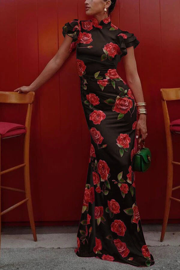 Women's Floral Ruffle Maxi Summer Dress with High Neck