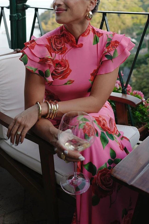 Women's Floral Ruffle Maxi Summer Dress with High Neck