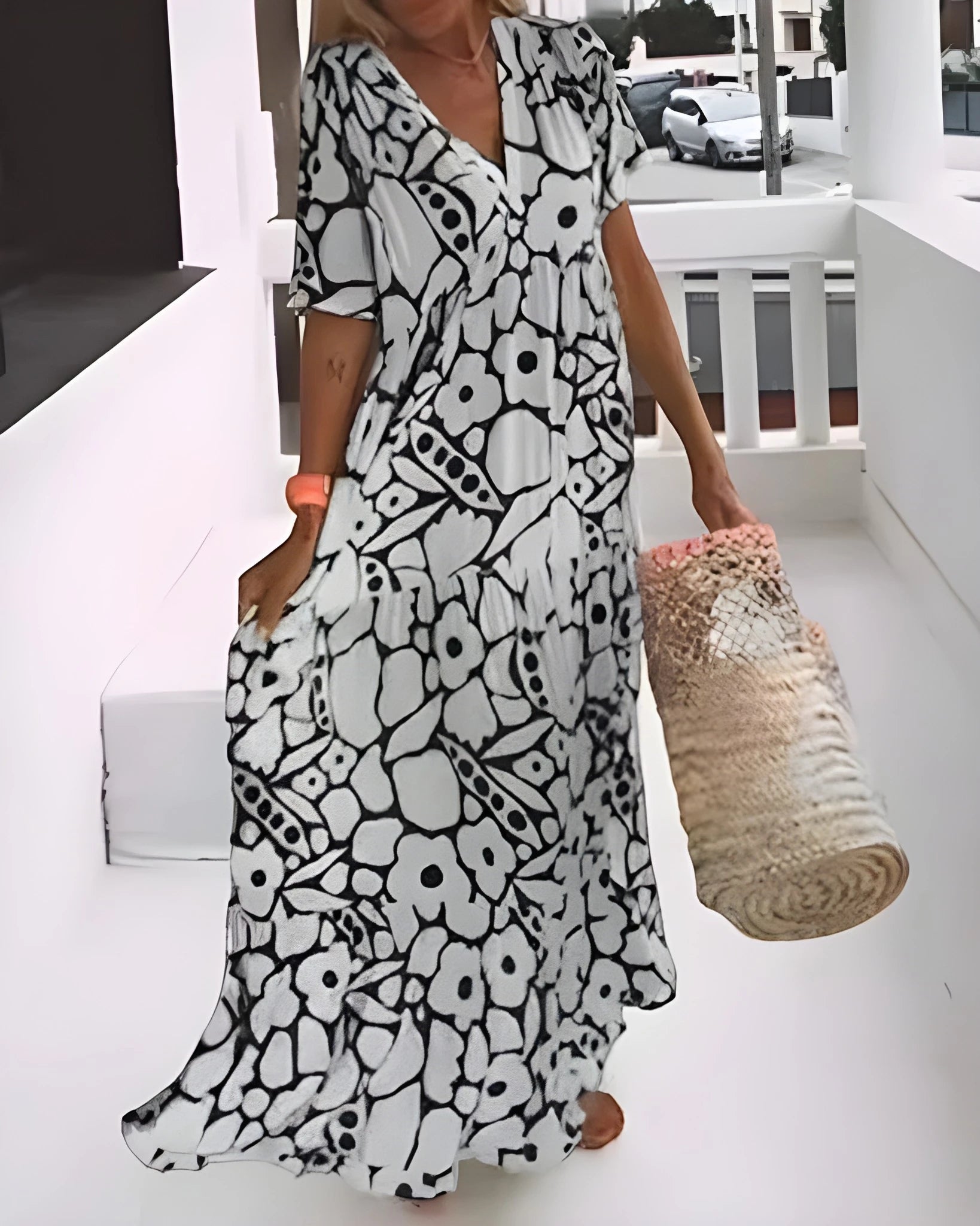 Women's Floral Tiered Maxi Summer Dress with V-Neck