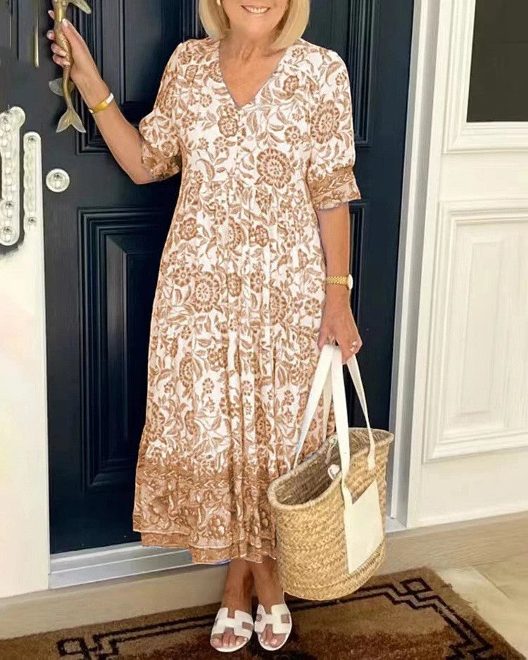 Women's Floral V-Neck Summer Midi Dress with Tiered Skirt