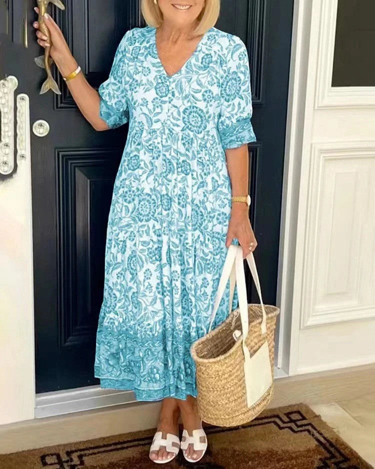 Women's Floral V-Neck Summer Midi Dress with Tiered Skirt