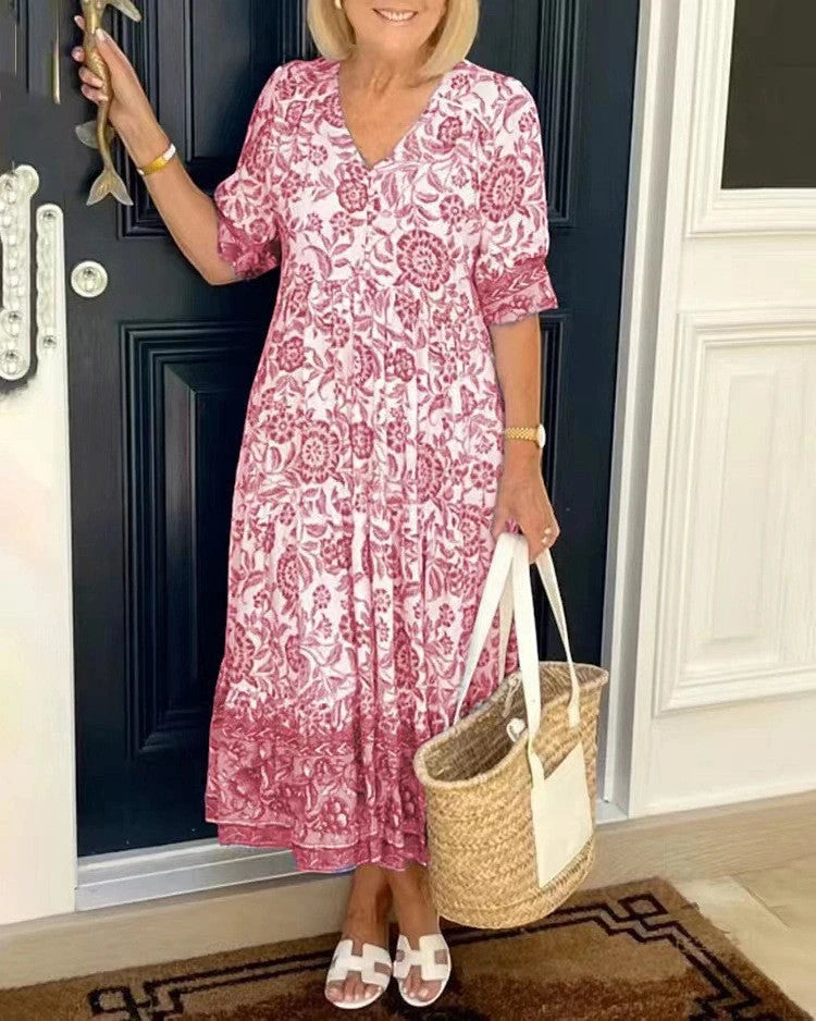 Women's Floral V-Neck Summer Midi Dress with Tiered Skirt