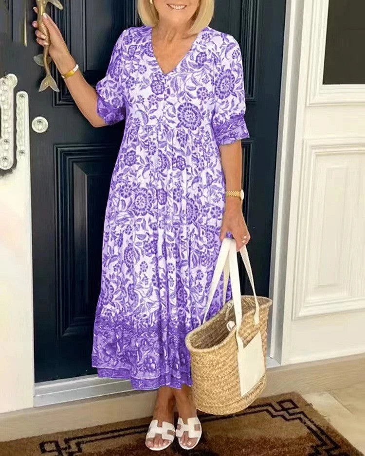 Women's Floral V-Neck Summer Midi Dress with Tiered Skirt