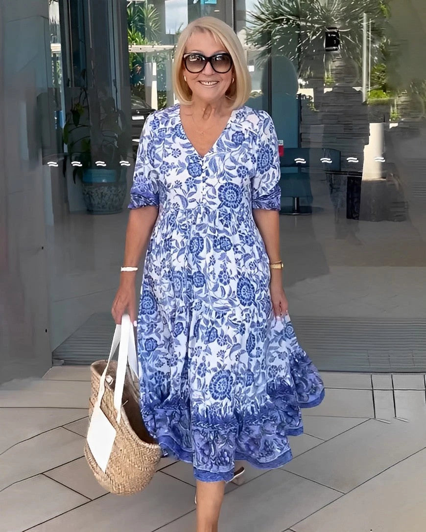 Women's Floral V-Neck Summer Midi Dress with Tiered Skirt