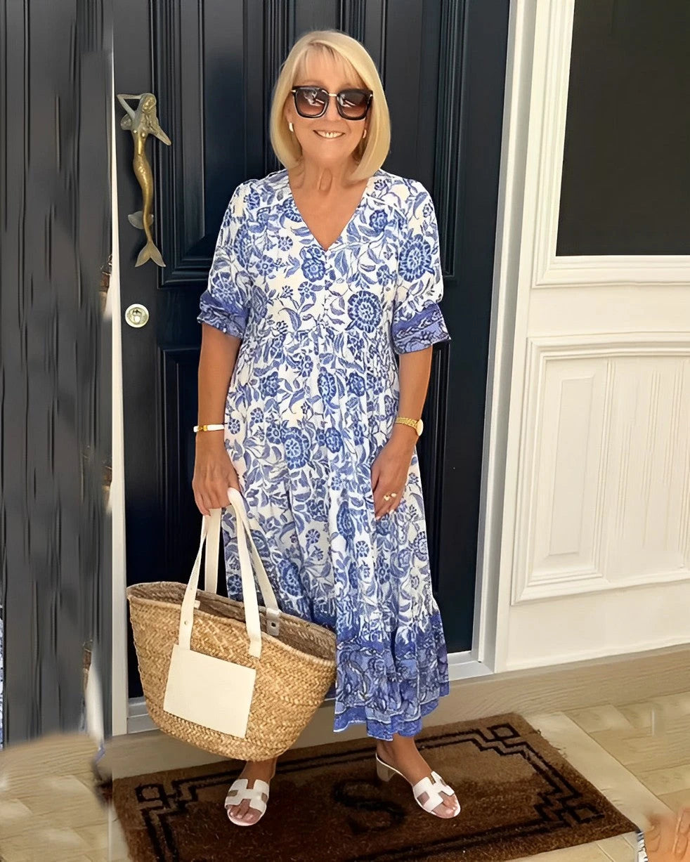 Women's Floral V-Neck Summer Midi Dress with Tiered Skirt