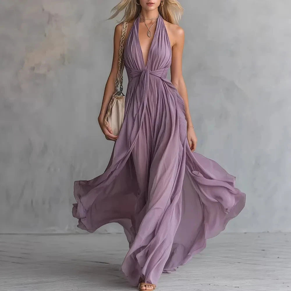 Women's Flowy Pleated Maxi Summer Dress with Halter Neck