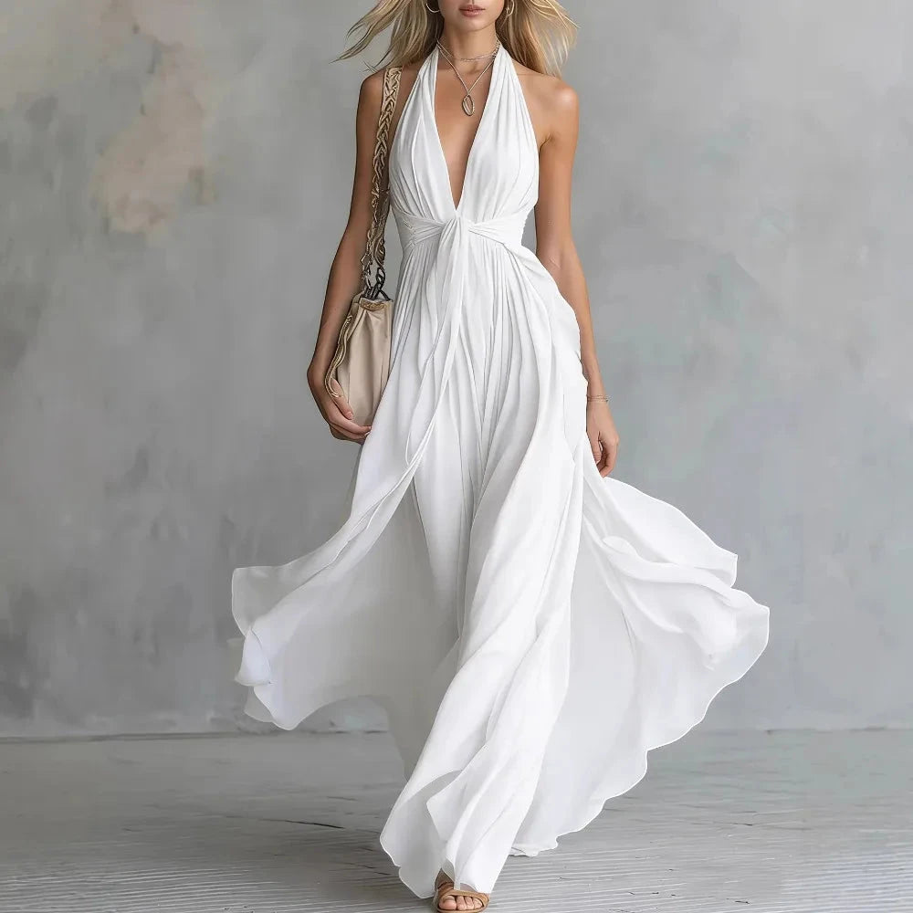 Women's Flowy Pleated Maxi Summer Dress with Halter Neck