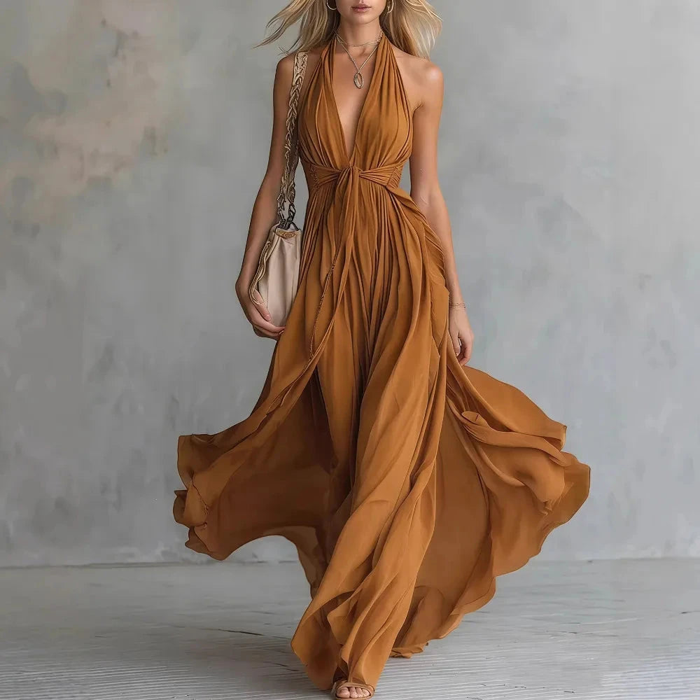 Women's Flowy Pleated Maxi Summer Dress with Halter Neck
