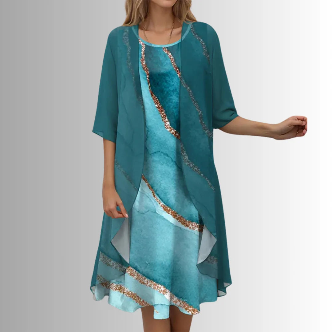 Women's Flowy Printed Midi Summer Dress with 3/4 Sleeve