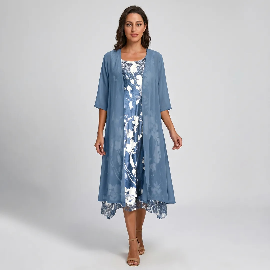 Women's Flowy Printed Midi Summer Dress with 3/4 Sleeve