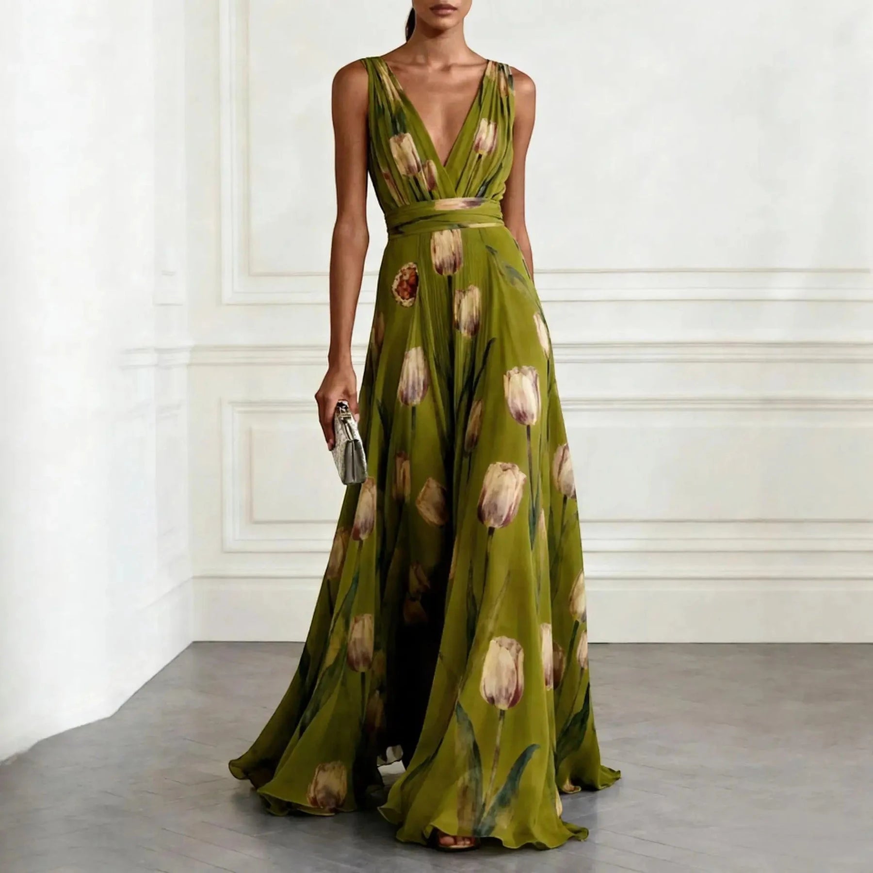 Women's Formal Floral Maxi Wedding Guest Dress with Flowy Skirt