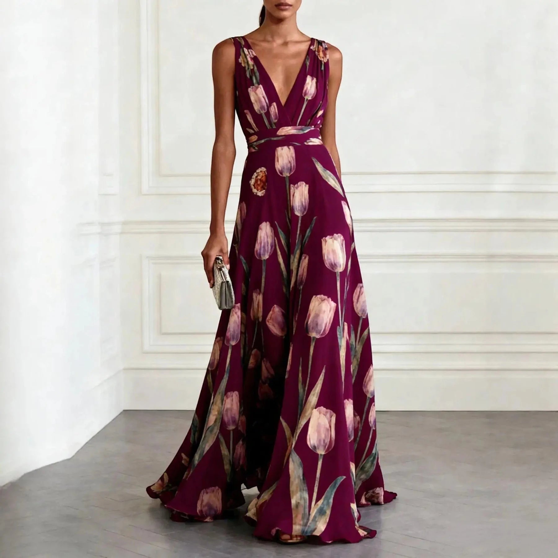 Women's Formal Floral Maxi Wedding Guest Dress with Flowy Skirt