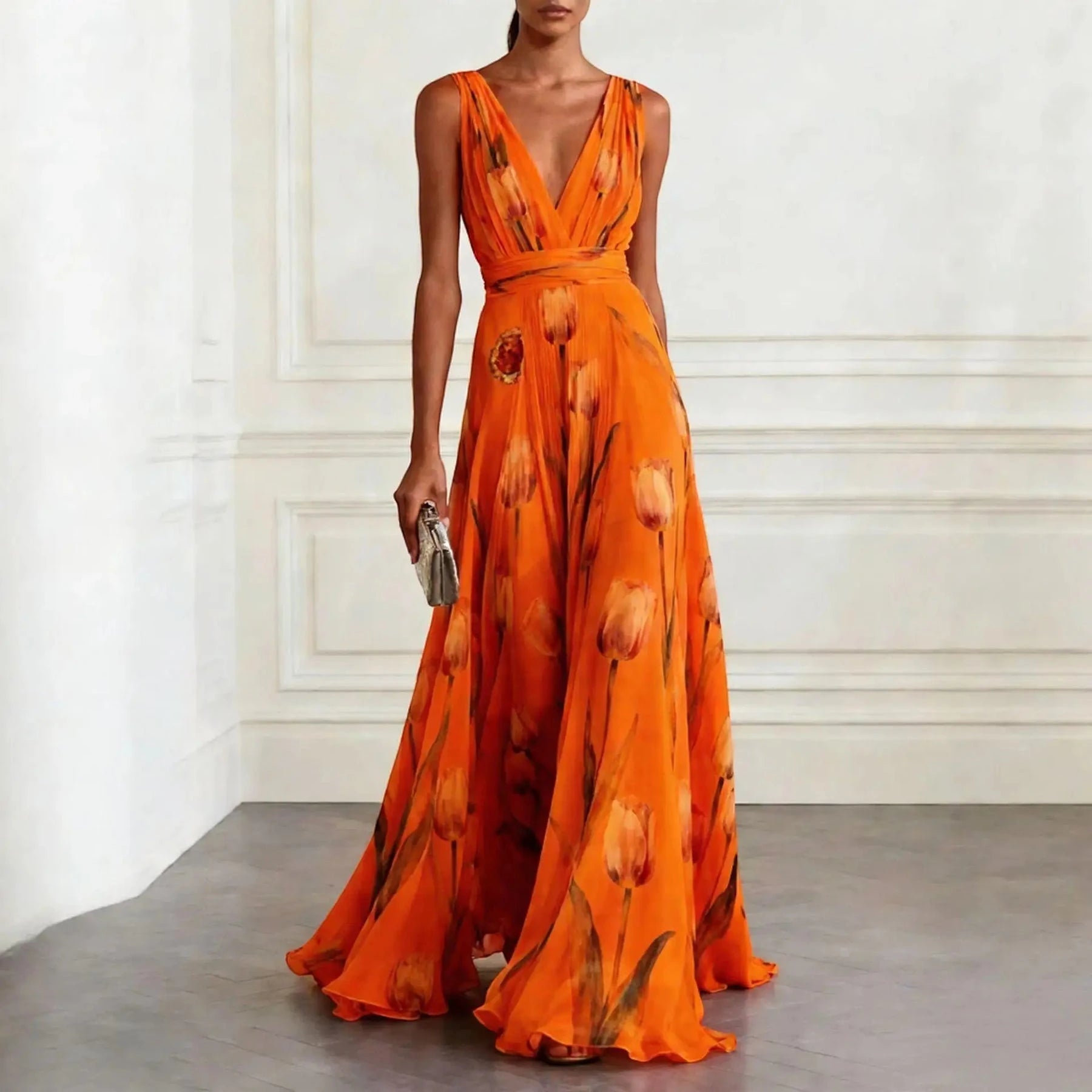 Women's Formal Floral Maxi Wedding Guest Dress with Flowy Skirt