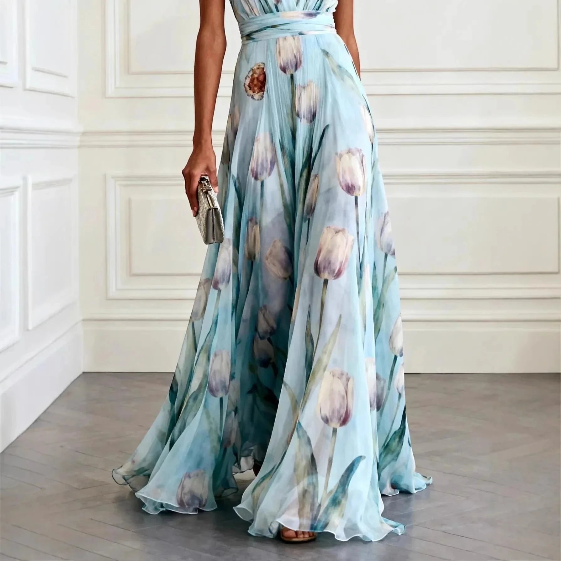 Women's Formal Floral Maxi Wedding Guest Dress with Flowy Skirt