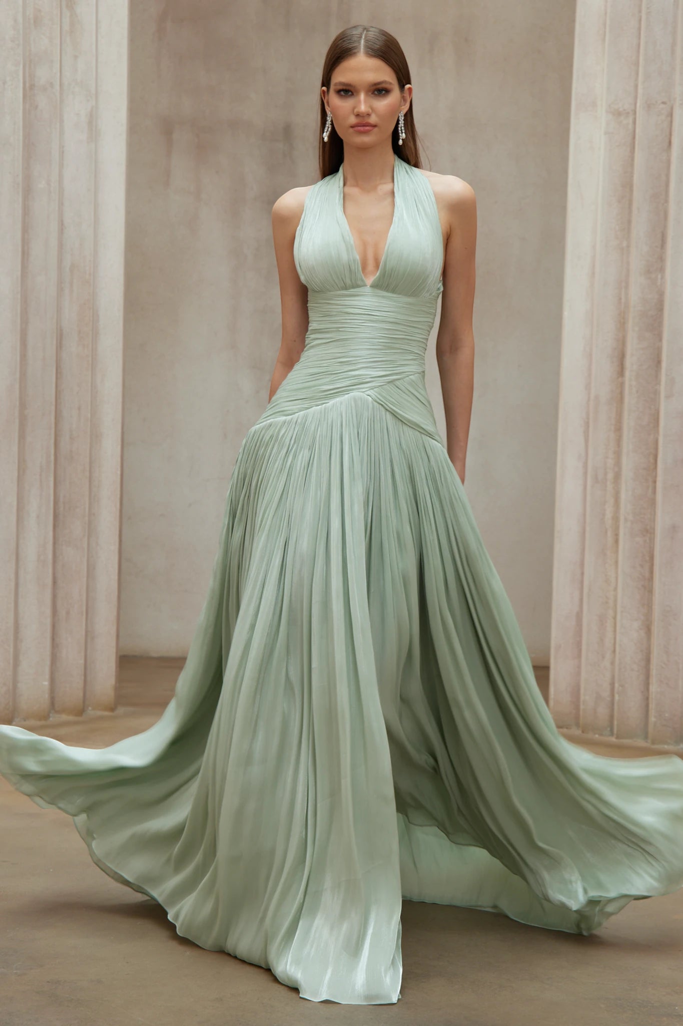 Women's Formal Pleated Maxi Wedding Guest Dress with Halter