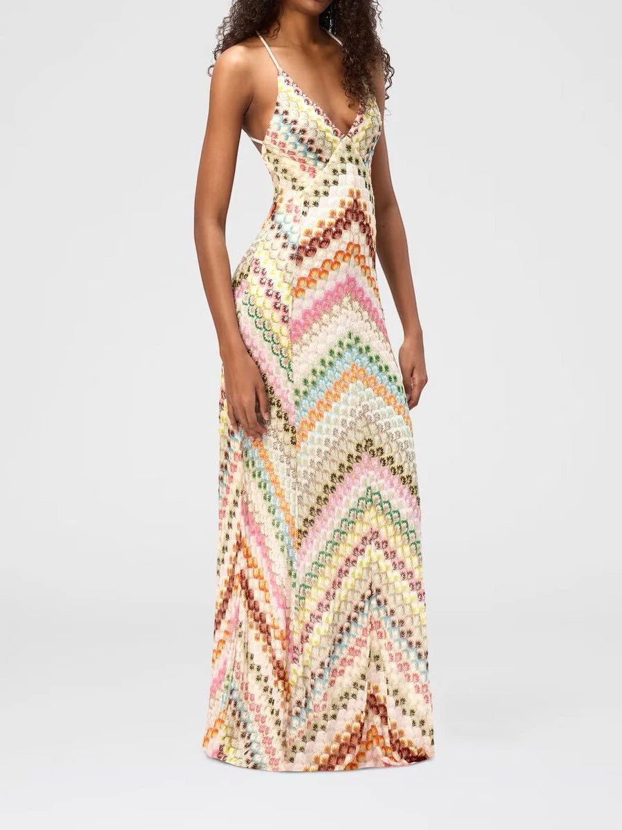 Women's Knit Printed Maxi Summer Dress with Low Back