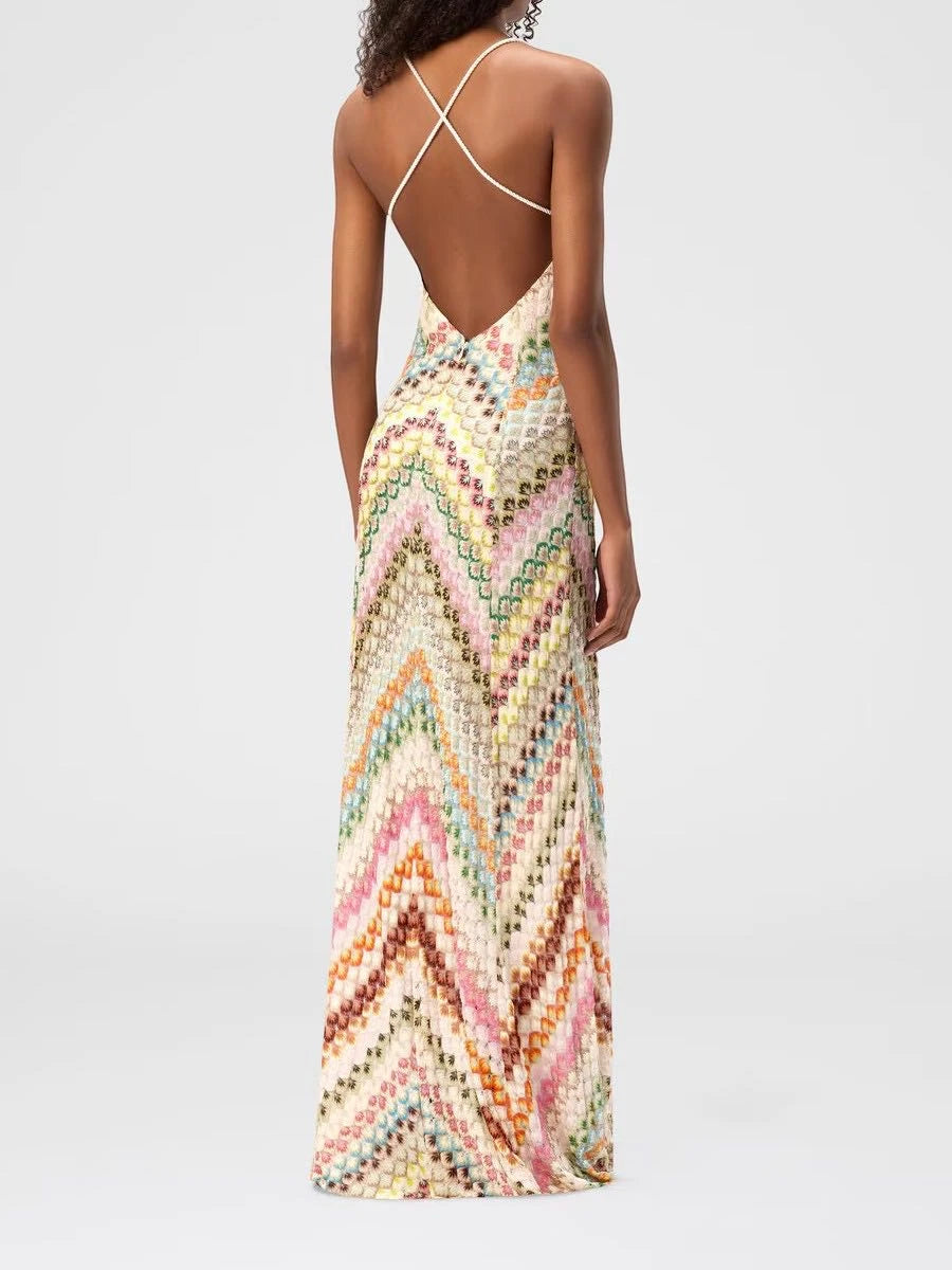 Women's Knit Printed Maxi Summer Dress with Low Back