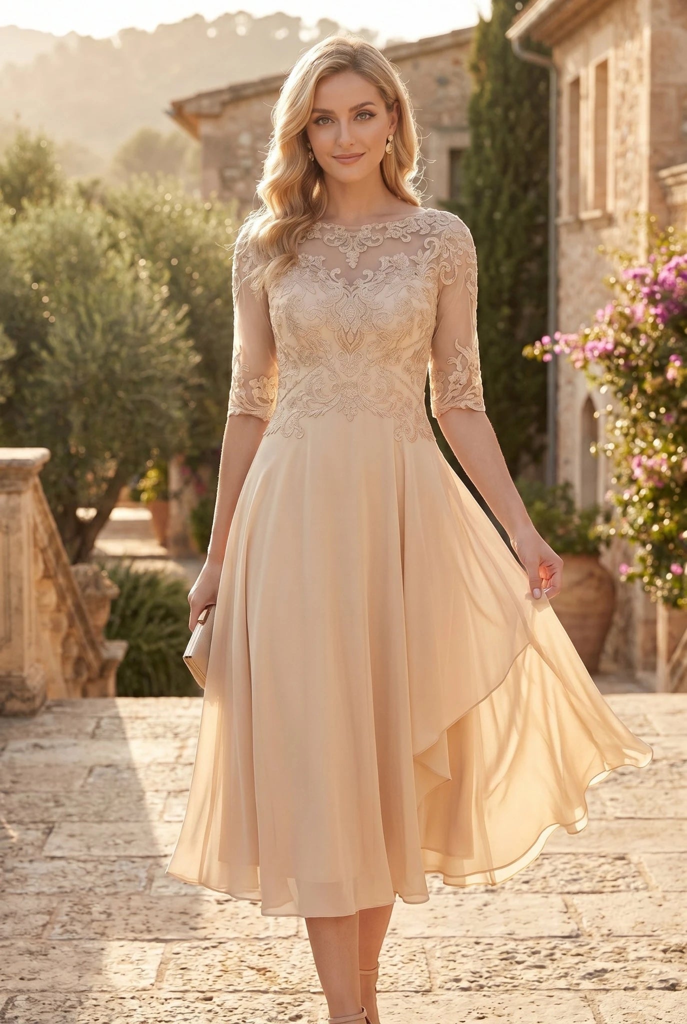 Women's Lace Formal Midi Wedding Guest Dress with Ruffle Detail
