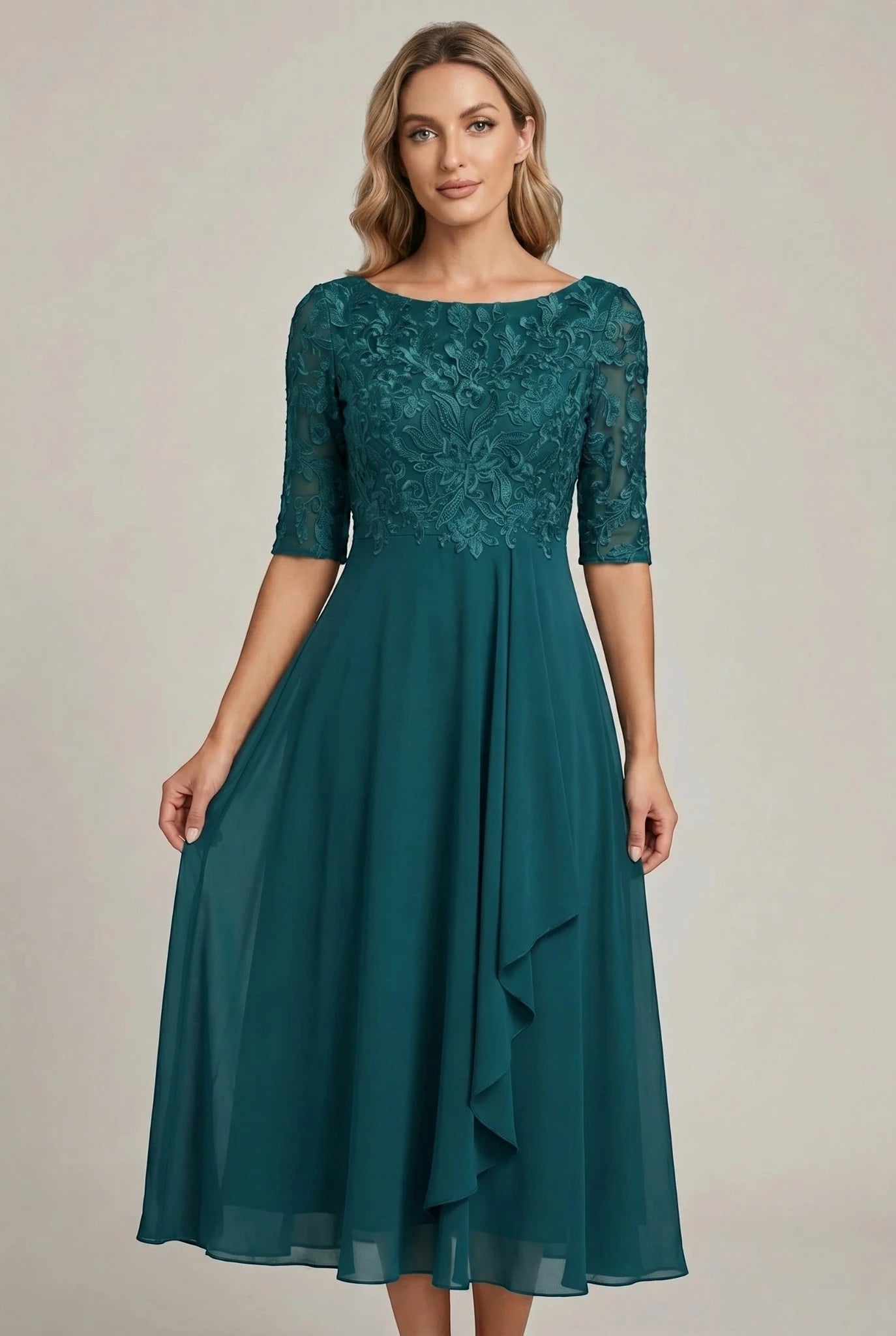 Women's Lace Formal Midi Wedding Guest Dress with Ruffle Detail