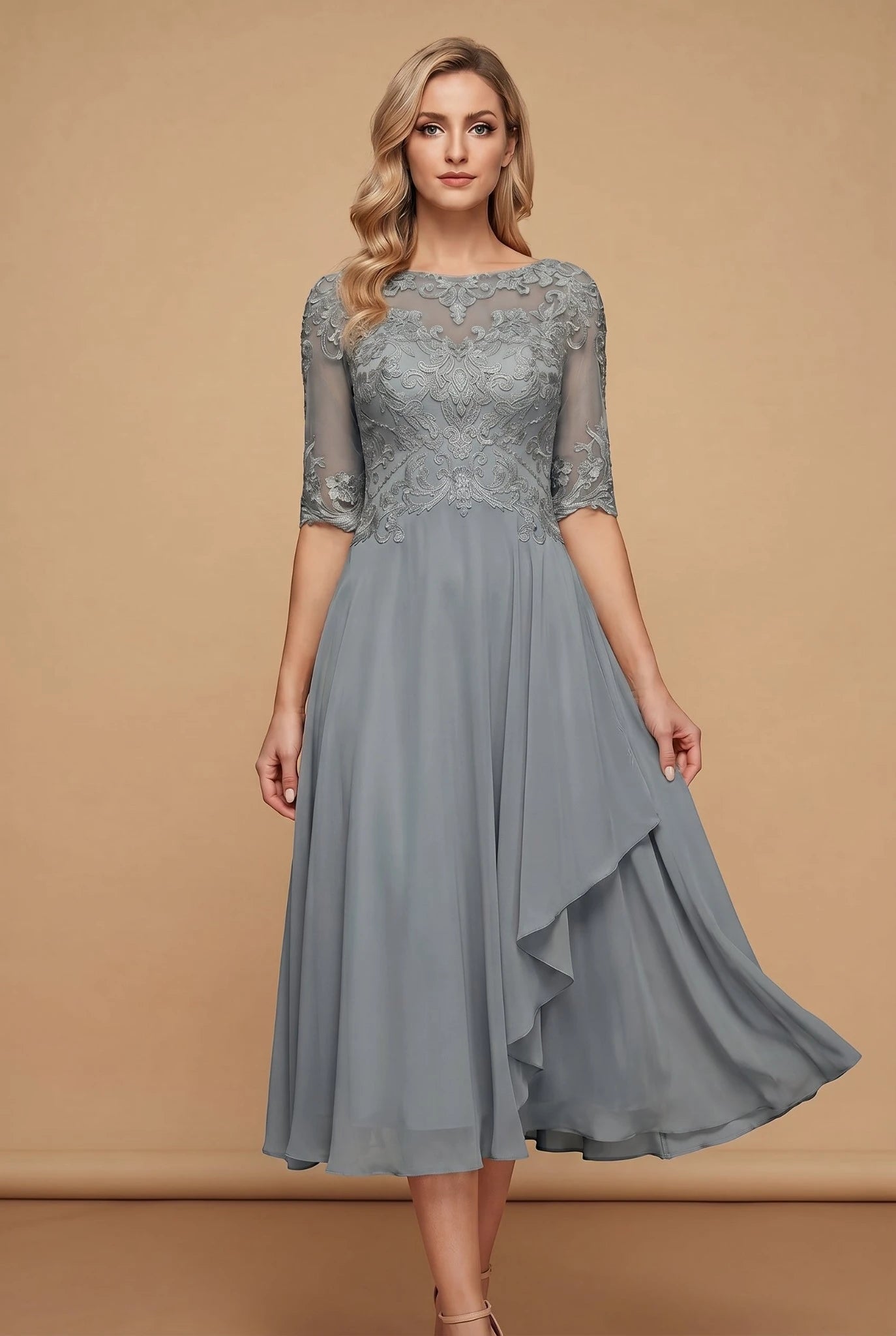 Women's Lace Formal Midi Wedding Guest Dress with Ruffle Detail