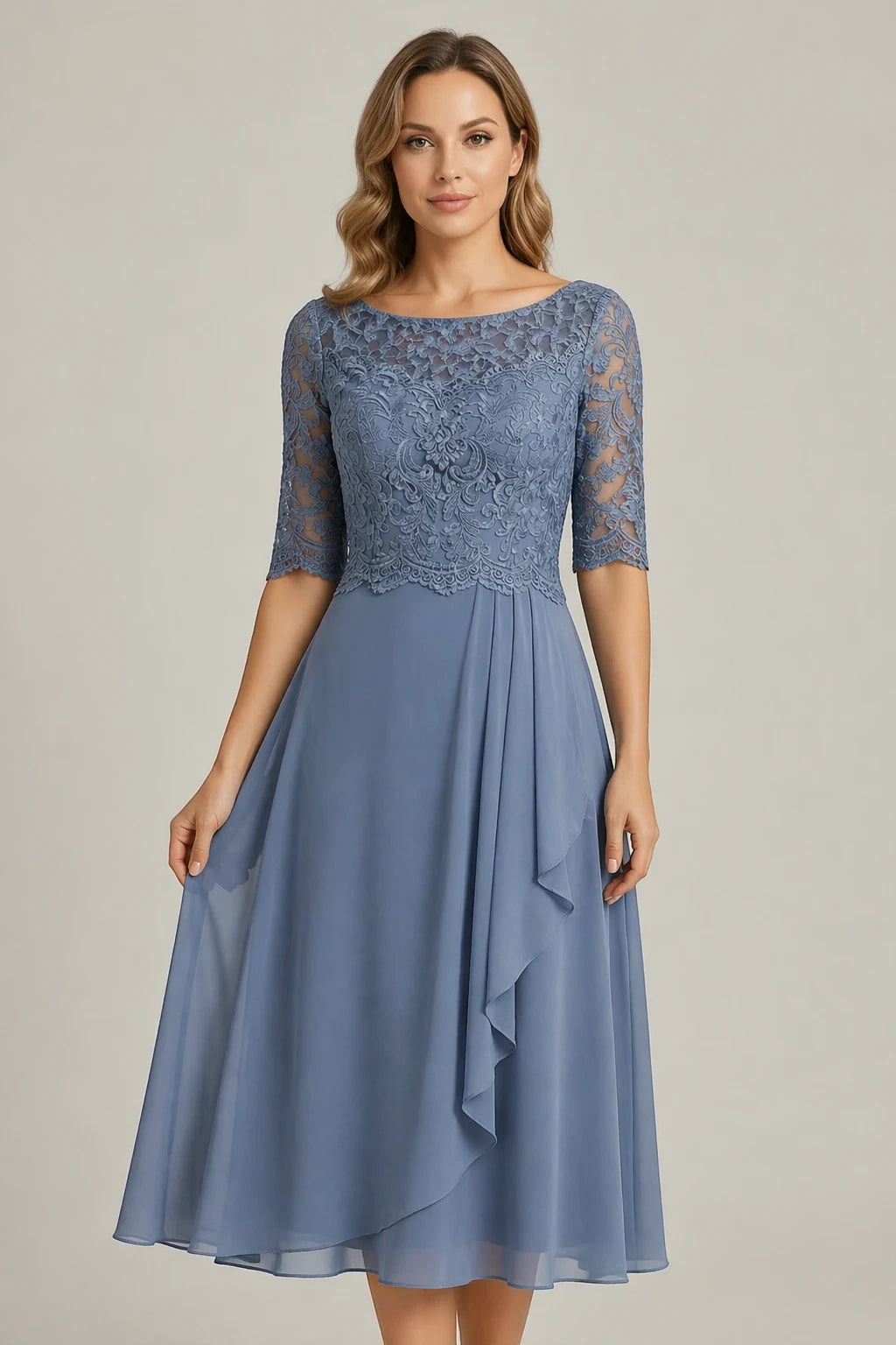 Women's Lace Formal Midi Wedding Guest Dress with Ruffle Detail