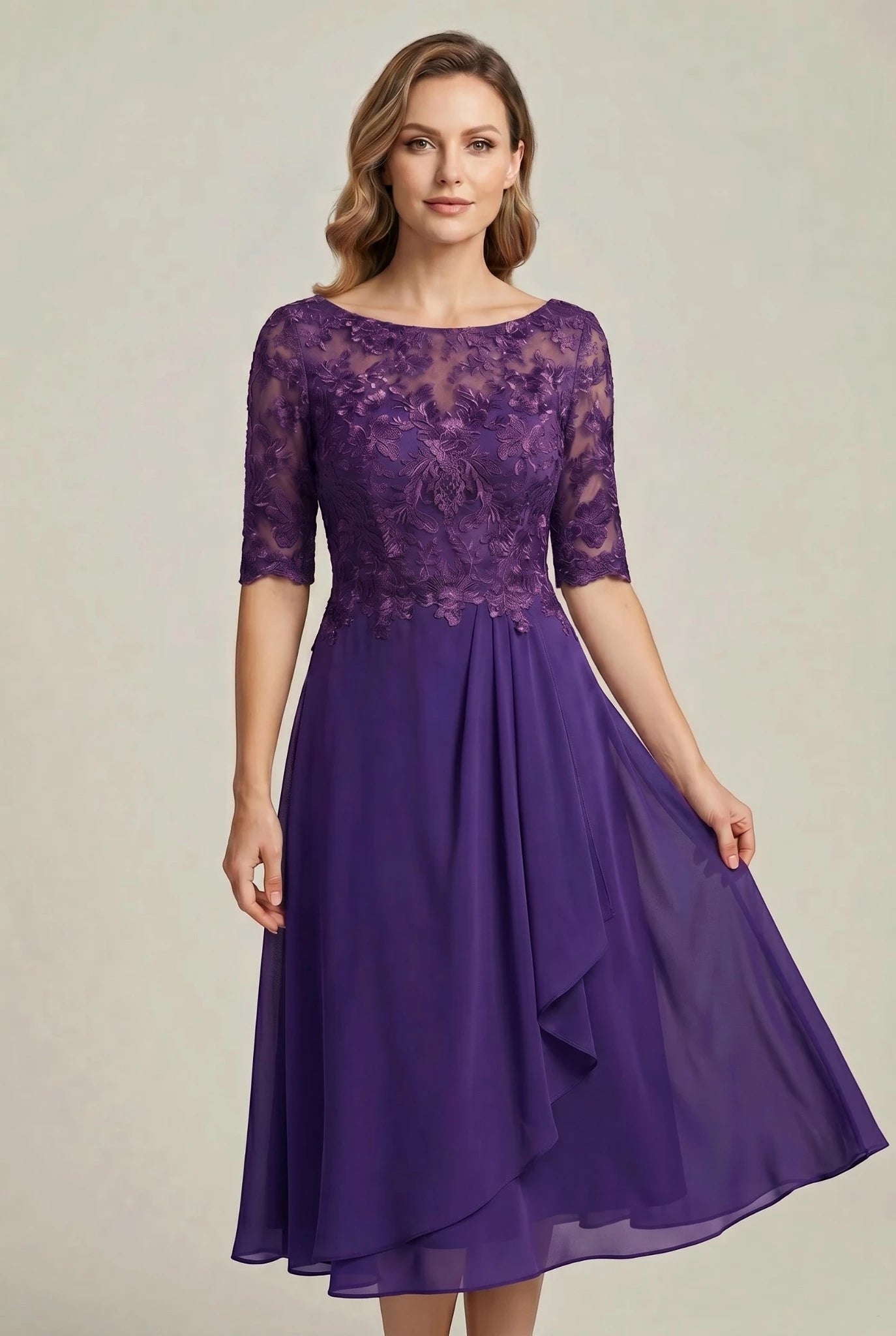Women's Lace Formal Midi Wedding Guest Dress with Ruffle Detail