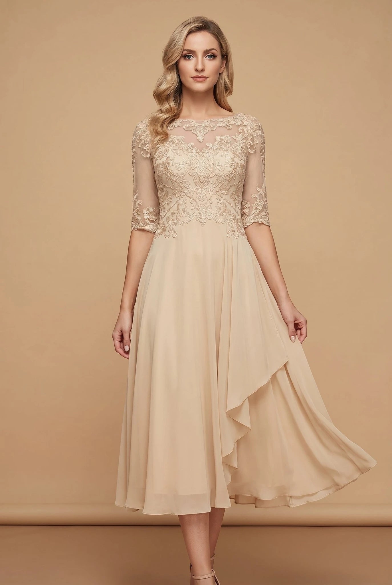 Women's Lace Formal Midi Wedding Guest Dress with Ruffle Detail