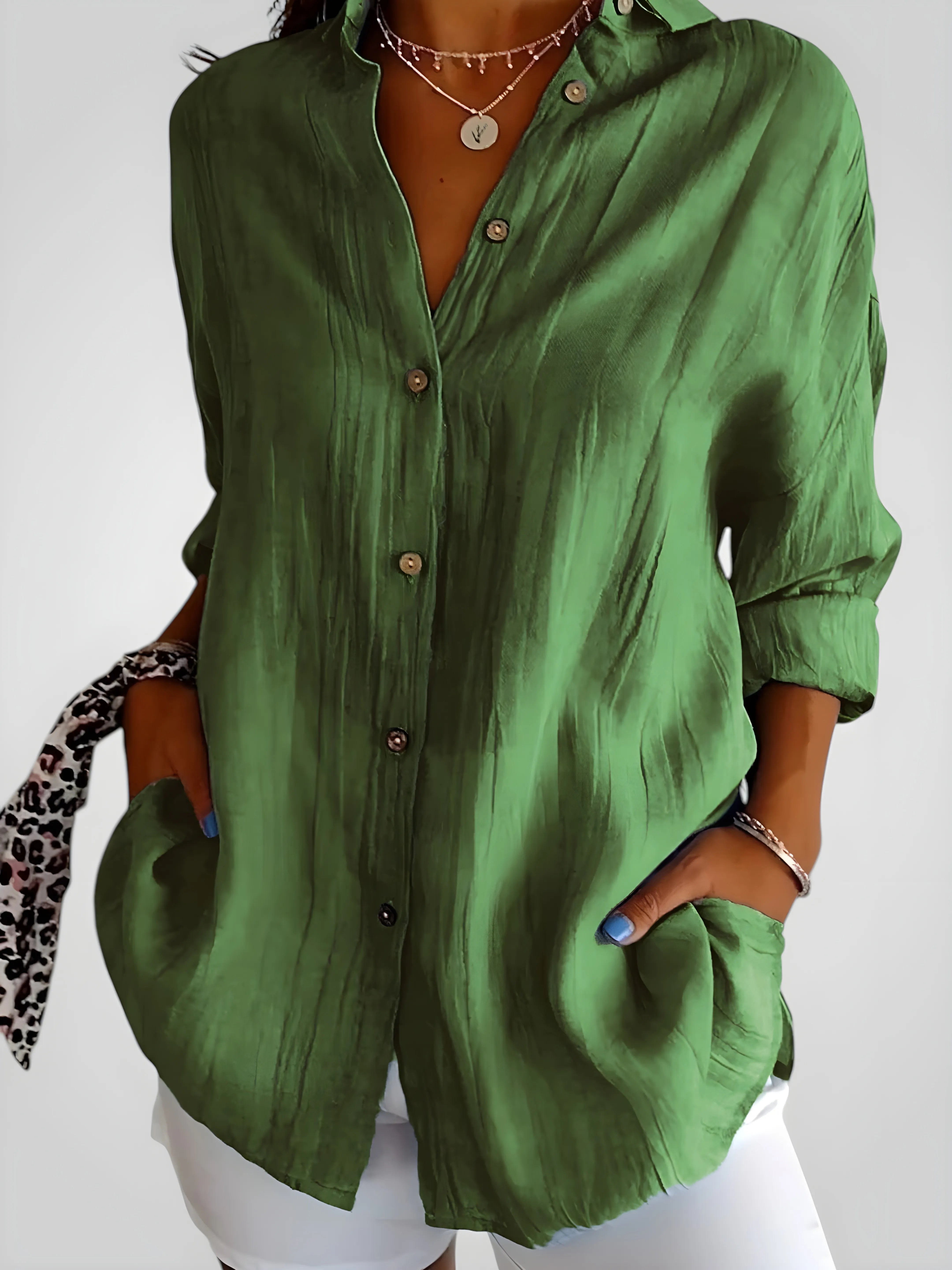 Women's Long Sleeve Shirt with V-Neck and Button Details