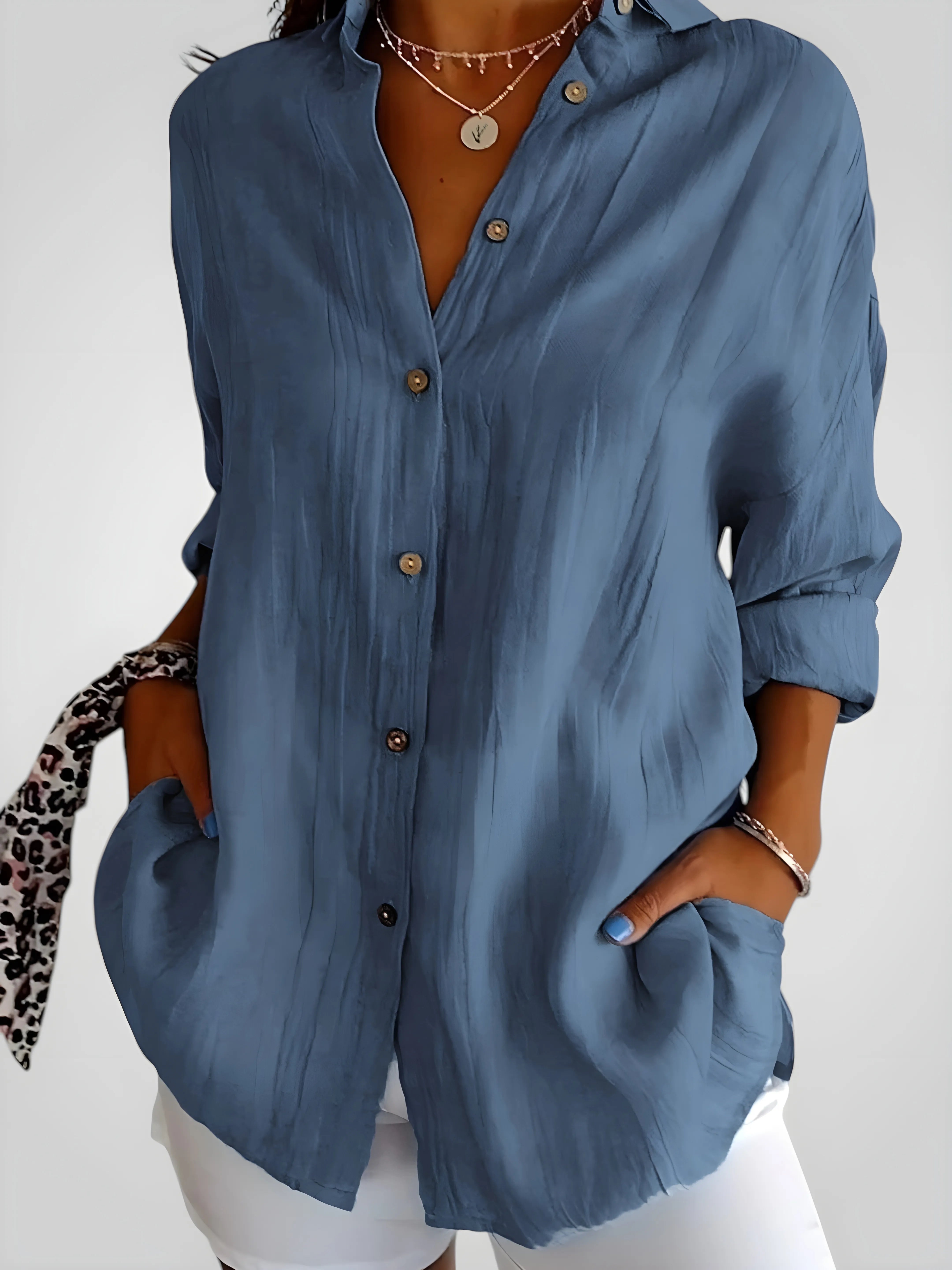 Women's Long Sleeve Shirt with V-Neck and Button Details