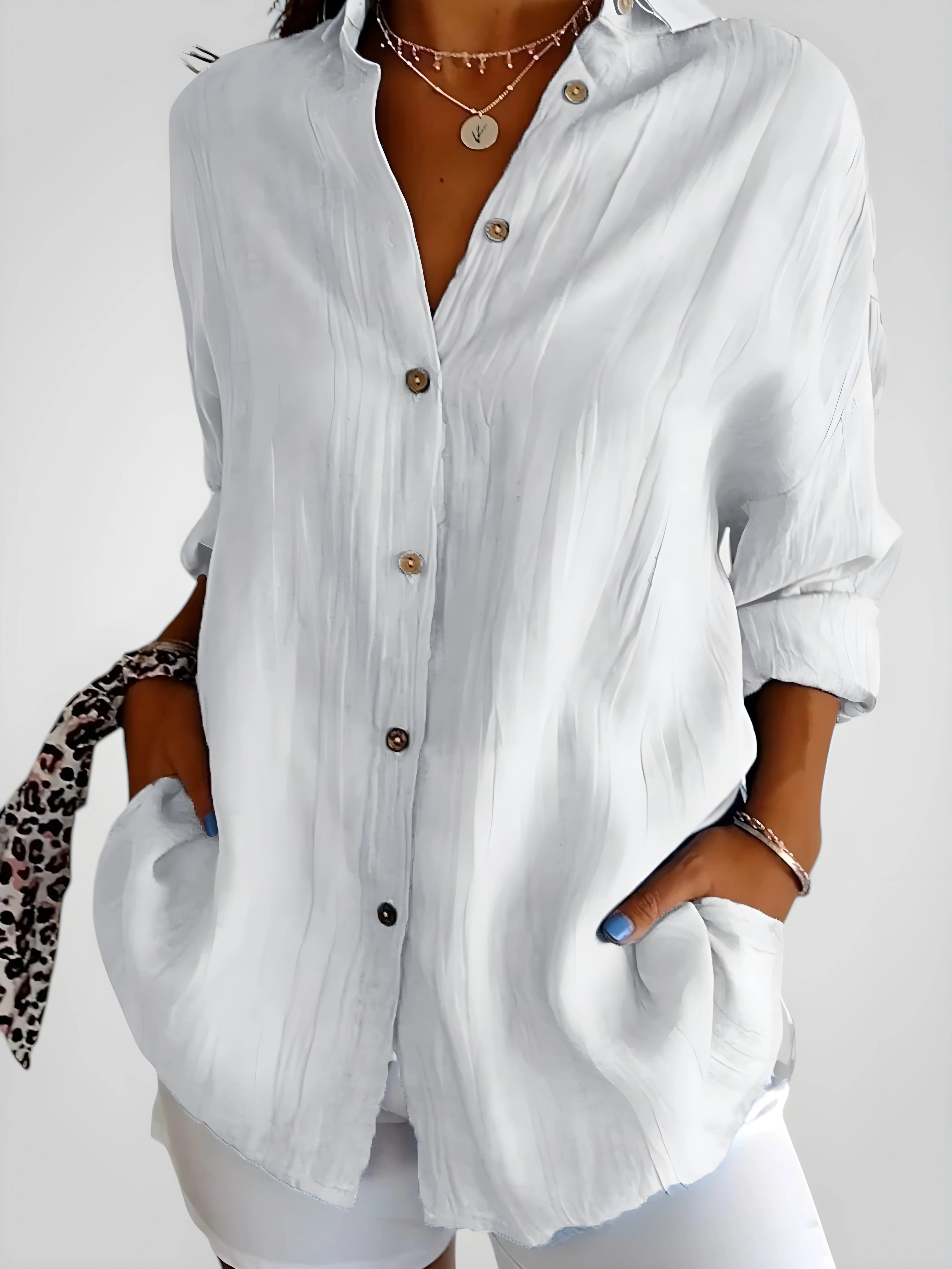 Women's Long Sleeve Shirt with V-Neck and Button Details